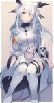  1girl arknights armband bangs bird commentary_request dress highres long_hair long_sleeves orange_eyes owl owl_ears pointy_hair ptilopsis_(arknights) rhine_lab_logo sasa_onigiri solo thigh-highs white_dress white_hair white_legwear 