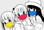  3girls akamatsu_yui bangs blunt_bangs commentary_request grey_background greyscale hair_bobbles hair_ornament hand_on_another&#039;s_shoulder hat highres hood hood_down hoodie katsuwo_(cr66g) kise_sacchan kotoha_(mitsuboshi_colors) long_hair long_sleeves looking_at_viewer mask mitsuboshi_colors monochrome mouth_mask multiple_girls short_hair short_ponytail side_ponytail spot_color surgical_mask upper_body 