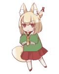  1girl :3 animal_ear_fluff animal_ears bangs bell bell_collar blonde_hair blush borrowed_character closed_mouth collar commentary_request domaso_(sowdma2) eyebrows_visible_through_hair fox_ears fox_girl fox_tail full_body green_shirt hair_between_eyes hair_bun hair_ornament highres jingle_bell kemomimi-chan_(naga_u) long_hair long_sleeves looking_at_viewer original pleated_skirt red_eyes red_footwear red_skirt ribbon-trimmed_legwear ribbon_trim sailor_collar school_uniform serafuku shirt sidelocks simple_background skirt sleeves_past_fingers sleeves_past_wrists solo standing tail thigh-highs v-shaped_eyebrows white_background white_legwear white_sailor_collar yellow_neckwear zouri 