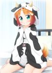  1girl animal_ears animal_print bare_legs barefoot blush brown_hair cow_ears cow_hood cow_horns cow_print curtains dog_ears dog_girl dog_tail fake_animal_ears fake_horns green_eyes grin hands_up highres hood hood_up horns indoors inuarashi looking_at_viewer meiko_(inuarashi) on_bed original pillow shirt sitting smile solo tail wariza white_shirt 