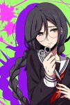  1girl bangs black_hair black_shirt blood blood_splatter braid closed_mouth commentary_request dangan_ronpa:_trigger_happy_havoc dangan_ronpa_(series) frown fukawa_touko glasses green_background hair_between_eyes hands_up holding holding_scissors long_hair long_sleeves looking_at_viewer neckerchief nico_(nico_alice) pink_blood purple_background sailor_collar school_uniform scissors serafuku shirt solo twin_braids upper_body 