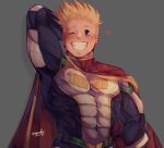  1boy addy_(@vegeebs) alternate_costume blonde_hair blue_bodysuit blue_eyes bodysuit boku_no_hero_academia cape covered_abs covered_navel grin looking_at_viewer male_focus muscular muscular_male one_eye_closed pectorals red_cape short_hair smile solo spiky_hair sweatdrop togata_mirio upper_body 