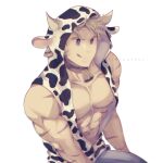  1boy :q abs addy_(@vegeebs) alternate_costume animal_costume animal_ears bare_pecs bell bell_collar blonde_hair blue_eyes boku_no_hero_academia chinese_zodiac collar collarbone cow_boy cow_costume cow_ears cow_horns denim fake_animal_ears fake_horns foreshortening happy_birthday highres horns jeans looking_at_viewer male_focus muscular muscular_male navel nipples pants pectorals scar_on_arm short_hair smile solo spiky_hair stomach togata_mirio tongue tongue_out upper_body year_of_the_ox 