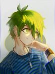  1boy absurdres amami_rantarou antenna_hair artist_name bracelet closed_mouth collarbone commentary dangan_ronpa_(series) dangan_ronpa_v3:_killing_harmony ear_piercing earrings green_eyes green_hair hair_between_eyes highres horizontal_stripes jewelry long_sleeves looking_to_the_side male_focus necklace ornament piercing remonoart shirt short_hair smile solo striped striped_shirt upper_body 