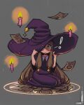  ! 1girl :| blush brown_eyes brown_hair candle closed_mouth dress embarrassed glasses grey_background hands_up hat hat_over_one_eye highres holding holding_clothes holding_hat loen long_dress long_hair looking_at_viewer magic_circle one_eye_covered original paper purple_dress purple_headwear round_eyewear seiza sitting solo twitter_username very_long_hair wide-eyed wide_sleeves witch_hat 