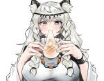 1girl animal_ear_fluff animal_ears arknights bangs bead_necklace beads braid dress eating eyebrows_visible_through_hair food grey_eyes highres jewelry leopard_ears leopard_girl light_blush long_hair mochi necklace poyano pramanix_(arknights) side_braids silver_hair simple_background solo turtleneck_dress twin_braids upper_body wagashi white_background white_dress 