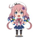  1girl :d ahoge bangs blue_eyes blush bow bowtie chibi eggman_(pixiv28975023) eyebrows_visible_through_hair flower hair_flower hair_ornament hat holding long_hair long_sleeves looking_at_viewer ochikobore_fruit_tart open_mouth pink_hair red_bow red_neckwear sakura_ino simple_background skirt smile white_background 