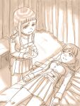  2girls adapted_uniform bandages bangs bed blood bloody_bandages blunt_bangs candle curtains epaulettes highres holster hospital_bed injury kageng lying military military_uniform multiple_girls on_back original pleated_skirt skirt soldier uniform 