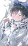  1girl bangs black_hair blue_eyes blue_hairband blush breasts closed_mouth dutch_angle hair_between_eyes hairband hands_up highres holding kanojo_okarishimasu long_sleeves male_focus moda_(mo_da_3) outdoors polka_dot polka_dot_scarf ribbed_sweater sarashina_ruka scarf short_hair sleeves_past_wrists snow solo sweater tree turtleneck turtleneck_sweater upper_body white_sweater winter 