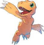  agumon airborne arm_up claws creature digimon digimon_survive full_body green_eyes lowres no_humans official_art open_mouth reptile shiny shiny_skin smile solo tail teeth tongue transparent_background ukumo_uichi 