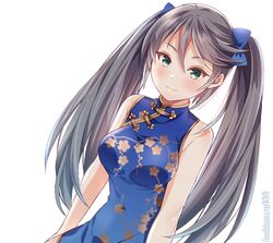  1girl black_hair blue_dress breasts china_dress chinese_clothes commentary_request dress floral_print green_eyes isuzu_(kantai_collection) kantai_collection kukimaru large_breasts long_hair looking_at_viewer simple_background smile solo twintails twitter_username white_background 
