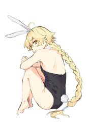  1boy aether_(genshin_impact) ahoge animal_ears bangs bare_shoulders barefoot blonde_hair blush braid braided_ponytail bunny_tail crossed_arms detached_collar eyebrows_visible_through_hair fake_animal_ears fake_tail from_behind genshin_impact hair_between_eyes highres long_hair looking_at_viewer male_playboy_bunny mamt56 open_mouth playboy_bunny ponytail rabbit_ears simple_background tail white_background 