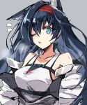  1girl animal_ears arknights bangs bare_shoulders black_hair blaze_(arknights) blue_eyes blush breasts cat_ears collarbone commentary_request exion_(neon) expressionless eyebrows_visible_through_hair grey_background hair_between_eyes hairband highres jacket long_hair looking_at_viewer one_eye_closed open_mouth red_hairband sigh simple_background sweat tank_top upper_body 