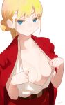  1girl bangs belt blonde_eyebrows blonde_eyelashes blonde_hair blush breasts brown_belt closed_mouth collarbone colored_eyelashes commentary english_commentary highres jacket jacket_on_shoulders long_hair looking_at_viewer medium_breasts naughty_face no_bra open_clothes open_shirt original red_jacket red_skirt ryusei_hashida shirt shirt_tucked_in simple_background skirt smile solo white_background white_shirt 