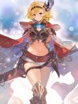  1girl absurdres alchemaniac belt blonde_hair blush breasts brown_eyes cape cleavage_cutout clothing_cutout conqueror_of_the_eternals djeeta_(granblue_fantasy) granblue_fantasy hair_ornament hairband highres large_breasts looking_at_viewer medium_hair mole mole_under_eye navel red_cape red_shorts short_shorts shorts smile solo stomach 