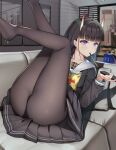  1girl absurdres ass azur_lane bag_of_chips bangs black_hair black_legwear black_panties black_serafuku black_shirt black_skirt blunt_bangs blush couch cyanide-whale english_commentary eyebrows_visible_through_hair food food_in_mouth highres horns indoors legs legs_up long_hair long_sleeves looking_away looking_to_the_side lying miniskirt mouth_hold no_shoes noshiro_(azur_lane) on_back on_couch panties panties_under_pantyhose pantyhose pocky sailor_collar school_uniform serafuku shirt skirt solo teapot underwear upskirt violet_eyes white_sailor_collar 