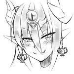  1girl blush closed_mouth commentary curled_horns demon_girl demon_horns drooling earrings english_commentary eyes_visible_through_hair greyscale hair_between_eyes half-closed_eyes horns jewelry loen-lapae long_hair looking_at_viewer monochrome monster_girl_encyclopedia pointy_ears portrait saliva slit_pupils smile solo succubus_(monster_girl_encyclopedia) 