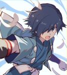  1boy bangs black_hair clenched_hand commentary_request falkner_(pokemon) feathers gym_leader hair_over_one_eye japanese_clothes male_focus open_mouth pokemon pokemon_(game) pokemon_hgss sash short_hair solo tongue tpi_ri wristband 