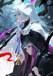  1boy 1girl alchemaniac black_robe blue_background braid character_request closed_mouth earrings fate/grand_order fate_(series) feather_earrings feathers flower_knot from_side hair_between_eyes height_difference highres holding holding_staff hood hood_up hooded_robe jewelry long_hair merlin_(fate) profile purple_hair red_eyes smile staff white_hair white_robe 