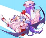  2girls arm_support bangs bat_wings blue_background blue_bow blue_hair blunt_bangs book boots bow capelet collar commentary_request dress eichi_yuu frilled_collar frilled_skirt frills hat hat_ribbon knee_up long_hair looking_at_viewer mob_cap multiple_girls patchouli_knowledge pink_dress pink_footwear pink_headwear pink_shirt pink_skirt puffy_short_sleeves puffy_sleeves purple_hair red_bow red_eyes red_ribbon remilia_scarlet ribbon shirt shoe_bow shoes short_sleeves simple_background sitting skirt smile touhou very_long_hair wide_sleeves wings wrist_cuffs 