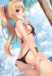  1girl ;p ass bikini black_bikini blonde_hair blue_scrunchie blue_sky blush breasts character_request clouds copyright_request dutch_angle highres leaning_forward looking_at_viewer minato_ojitan one_eye_closed palm_tree ponytail scrunchie sideboob sky solo swimsuit tongue tongue_out tree violet_eyes 