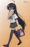  1girl absurdres bag black_hair black_legwear bread eating food gradient gradient_background green_skirt highres holding holding_bag loafers long_hair looking_at_viewer megami_magazine melon_bread official_art orange_background page_number scan screening shakugan_no_shana shana shoes skirt solo thigh-highs very_long_hair walking zettai_ryouiki 