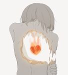  1other avogado6 burning_heart commentary_request completely_nude detached_arm facing_away from_behind grey_background grey_hair heart hole_in_chest hole_on_body melting nude original pale_skin simple_background symbolism upper_body 