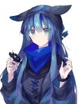  1girl alternate_hairstyle animal_ears animal_hat arknights bangs beanie blue_eyes blue_hair blue_headwear blue_jacket blue_scarf blue_theme blush closed_mouth commentary_request cross-laced_clothes eyebrows_visible_through_hair eyes_visible_through_hair fake_animal_ears glaucus_(arknights) hair_between_eyes hands_up hat holding jacket knit_hat long_hair long_sleeves looking_at_viewer multicolored_hair sasa_onigiri scarf scrunchie simple_background solo streaked_hair upper_body white_background wrist_scrunchie 