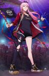  crown dolphin_shorts flag highres holding holding_scythe hololive hololive_english jacket long_hair m._lee_lunsford mori_calliope pink_hair red_eyes scythe shoes shorts single_leg_pantyhose skeleton skull_print snapping_fingers sneakers tank_top tilted_headwear virtual_youtuber 