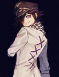  1boy artist_name bangs black_background black_hair black_headwear checkered checkered_scarf commentary cowboy_shot dangan_ronpa_(series) dangan_ronpa_v3:_killing_harmony evil_grin evil_smile from_behind grin hair_over_one_eye hat highres long_sleeves looking_at_viewer looking_back male_focus open_mouth ouma_kokichi peaked_cap purple_hair remonoart scarf short_hair simple_background smile solo straitjacket teeth upper_body violet_eyes 