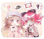  2girls alternate_costume anya_melfissa bangs black_bow blonde_hair blush bow brown_hair cellphone chibi dokkun0818 double_bun drink drinking_straw english_commentary eyebrows_visible_through_hair food fur_trim gradient_hair grey_hair grey_jacket hair_bow heart heterochromia holding holding_drink holding_phone hololive hololive_indonesia iphone_x jacket kureiji_ollie looking_down microphone multicolored_hair multiple_girls musical_note open_mouth phone pink_jacket popcorn red_eyes smartphone speech_bubble two_side_up violet_eyes white_bow yellow_eyes 