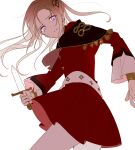  1girl brown_hair edelgard_von_hresvelg fire_emblem fire_emblem:_three_houses highres knife long_hair looking_at_viewer ribbon simple_background skirt solo twintails violet_eyes vo1ez weapon white_background younger 
