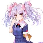  1girl artist_name bangs blue_dress blush bow breasts brown_eyes dress eyebrows_visible_through_hair floating_hair hair_bow head_tilt hoshino_ruri kidou_senkan_nadesico looking_at_viewer parted_bangs parted_lips pink_bow red_bow sazamiso_rx silver_hair small_breasts solo twintails white_background 