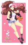  1girl baseball_cap blue_eyes blush breasts brown_hair curly_hair denim denim_shorts gen_5_pokemon hat high_ponytail highres hilda_(pokemon) long_hair looking_at_viewer megubunn open_mouth pokemon pokemon_(creature) pokemon_(game) pokemon_bw ponytail short_shorts shorts tepig vest wristband 