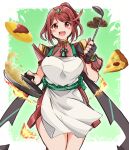  1girl absurdres apron breasts cooking frying_pan highres jewelry kurokaze_no_sora large_breasts ponytail pyra_(xenoblade) red_eyes redhead short_hair short_ponytail solo xenoblade_chronicles_(series) xenoblade_chronicles_2 