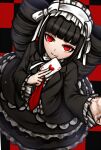 1girl bangs black_hair black_skirt blunt_bangs bonnet card celestia_ludenberg checkered checkered_background commentary_request dangan_ronpa:_trigger_happy_havoc dangan_ronpa_(series) drill_hair frilled_sleeves frills from_above gothic_lolita hairband hands_up heart heart_print holding holding_card lolita_fashion lolita_hairband long_hair long_sleeves looking_at_viewer necktie nico_(nico_alice) playing_card red_background red_eyes red_neckwear skirt smile solo twin_drills twintails white_hairband 