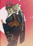  1girl :d animal_ears blue_kimono colored_skin colored_tongue cup earrings fangs furry green_eyes green_tongue grey_fur grey_skin halftone halo hands_up highres holding holding_cup japanese_clothes jewelry kimono kuroi-chan_(kuroi_moyamoya) kuroi_moyamoya long_sleeves looking_at_viewer obi open_mouth original sash slit_pupils smile solo wide_sleeves yellow_sash 