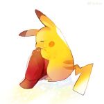  atsumi_jun baseball_cap closed_eyes from_side full_body gen_1_pokemon hat no_humans pikachu pokemon pokemon_(creature) red_headwear simple_background tears white_background yellow_theme 