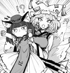  !? 2girls ? akehi_yuki animal_ear_fluff animal_ears bangs cat_ears cat_paws cat_tail chen closed_mouth dress fox_tail half-closed_eyes hat holding_another long_sleeves looking_at_viewer mob_cap monochrome multiple_girls multiple_tails open_mouth parted_bangs paws pillow_hat short_hair sweat tabard tail touhou two_tails v-shaped_eyebrows wide_sleeves yakumo_ran 