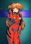  1girl bodysuit breasts breasts_apart cowboy_shot hair_between_eyes hand_up highres impossible_bodysuit impossible_clothes long_hair looking_away medium_breasts multicolored multicolored_bodysuit multicolored_clothes neon_genesis_evangelion optionaltypo orange_hair pilot_suit red_bodysuit signature solo souryuu_asuka_langley 