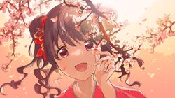  1girl black_hair blurry blurry_background bow branch cherry_blossoms double_bun fangs flower fukumaru_koito hair_bow hair_flower hair_ornament hair_ribbon highres idolmaster idolmaster_shiny_colors japanese_clothes kimono looking_at_viewer open_mouth pink_kimono portrait ribbon skin_fangs solo twintails violet_eyes watanuki_uchiha 