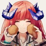  1girl ^_^ arknights bagpipe_(arknights) bangs blush closed_eyes commentary_request eyebrows_visible_through_hair facing_viewer food fox_tail franka_(arknights) grey_background holding holding_food horns korean_commentary liskarm_(arknights) long_hair orange_hair portrait potato runamonet simple_background solo tail 