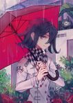  1boy bangs black_hair cat checkered checkered_scarf closed_mouth commentary_request dangan_ronpa_(series) dangan_ronpa_v3:_killing_harmony double-breasted flower hair_between_eyes highres holding jacket long_sleeves looking_at_viewer male_focus ouma_kokichi outdoors plant profile rain red_umbrella remonoart scarf short_hair smile solo straitjacket umbrella upper_body violet_eyes white_jacket 