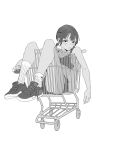  1girl bare_arms bare_shoulders closed_mouth greyscale gym_shorts highres in_shopping_cart looking_at_viewer low_twintails monochrome nekohara_peninsula original shoes shopping_cart short_hair shorts simple_background sitting socks solo sports_bra twintails white_background 