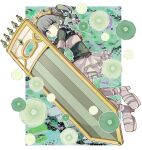  1girl armor armored_boots belt boots breastplate crown eyebrows_visible_through_hair flower futaba_sana green_eyes green_flower green_hair green_sweater green_theme highres magia_record:_mahou_shoujo_madoka_magica_gaiden magical_girl mahou_shoujo_madoka_magica momomotsu shield short_twintails skirt solo sweater tearing_up turtleneck turtleneck_sweater twintails 