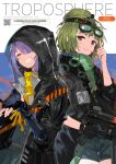  2girls :d alchemaniac black_gloves black_jacket blue_skirt brown_eyes closed_eyes commentary cover cover_page english_commentary gloves goggles goggles_on_head green_hair green_scarf gun hair_bun hand_up highres holding holding_gun holding_weapon hood hood_up hooded_jacket jacket medium_hair mole mole_under_eye multiple_girls open_mouth original parted_lips qr_code scarf shorts skirt smile trigger_discipline weapon 