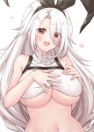  1girl :d azur_lane bangs bare_shoulders black_hairband blush breasts collared_shirt crop_top eyebrows_visible_through_hair eyes_visible_through_hair hair_between_eyes hair_over_one_eye hairband hands_on_own_chest heart large_breasts long_hair looking_at_viewer mole mole_under_eye navel open_mouth parted_bangs prinz_heinrich_(azur_lane) red_eyes ribbed_shirt ruima shirt sidelocks simple_background smile solo standing stomach symbol_commentary under_boob upper_body upper_teeth very_long_hair white_background white_hair 