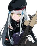  1girl alchemaniac assault_rifle beret black_headwear character_request clothing_cutout commentary english_commentary facial_mark girls_frontline gloves green_eyes grey_hair gun hair_ornament hairclip hat highres holding holding_gun holding_weapon jacket long_hair long_sleeves parted_lips rifle shoulder_cutout simple_background solo upper_body weapon white_background white_gloves 