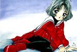  1girl :o cardcaptor_sakura dress grey_eyes grey_hair highres marker_(medium) mikoto1701 nib_pen_(medium) pantyhose red_dress red_footwear sasaki_rika school_uniform sitting tomoeda_elementary_school_uniform traditional_media 