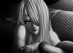  1girl apophis_(monster_girl_encyclopedia) black_sclera closed_mouth colored_sclera completely_nude greyscale hair_over_one_eye highres lamia loen-lapae looking_at_viewer monochrome monster_girl monster_girl_encyclopedia nude one_eye_covered pointy_ears slit_pupils smile solo 